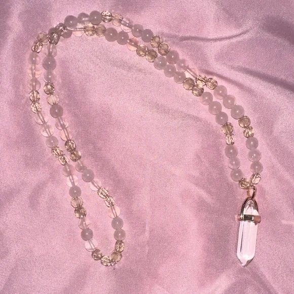 Rosé Champagne Necklace (Rose Quartz, Cream Crystal and Clear Quartz Pendant) - Picture 2 of 6